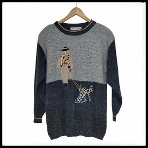 Vintage Barbra Sue Woman & Dalmatian Dog Long Sleeve Sweater Size M